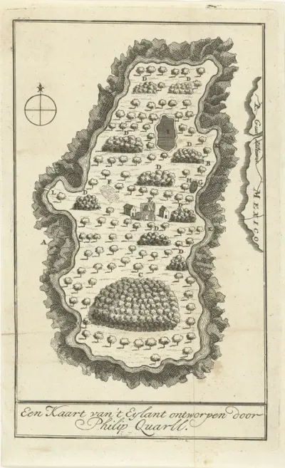 Kaart van het eiland van de kluizenaar Philip Quarll