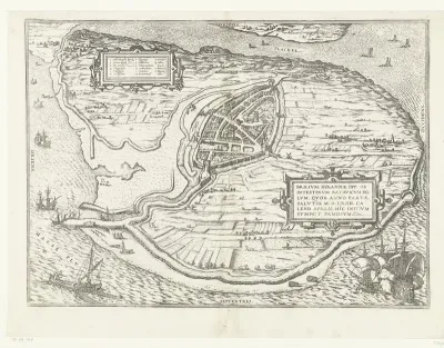 Kaart van het eiland Voorne en plattegrond van Brielle, 1572