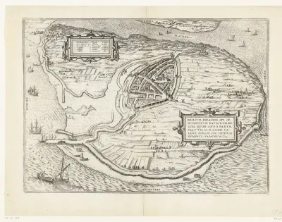 Kaart van het eiland Voorne en plattegrond van Brielle, 1572