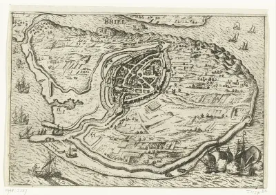 Kaart van het eiland Voorne en plattegrond van Brielle, 1572