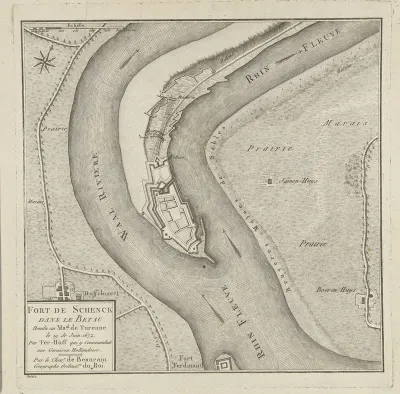 Kaart van het fort Schenckenschans, veroverd door de Fransen in 1672