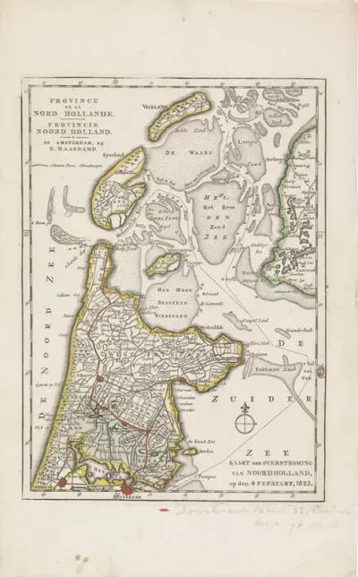 Kaart van het gebied in Noord-Holland getroffen door de overstromingen in 1825
