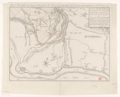 Kaart van het gebied rond de Waal en de Rijn bij Ossenwaard en Spijk (Rijnwaarden)