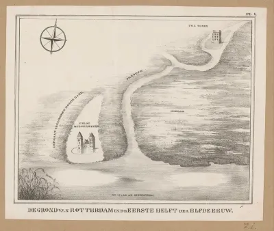 Kaart van het grondgebied van Rotterdam in de elfde eeuw