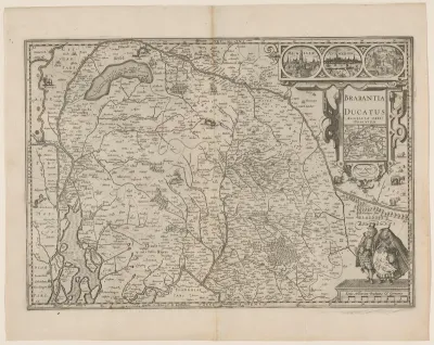 Kaart van het hertogdom Brabant met een gezicht op Mechelen, Antwerpen en het Paleis op de Koudenberg te Brussel