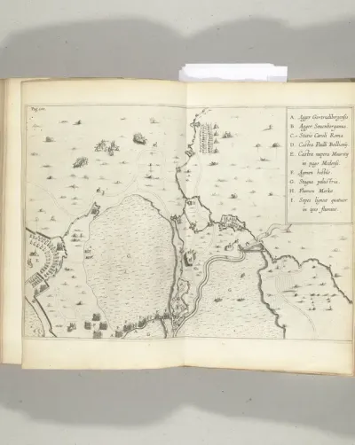 Kaart van het ondergelopen gebied tussen de Spaanse posities en het legerkamp van Maurits, 1624-1625