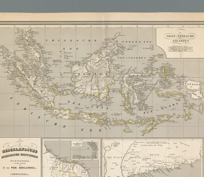 Kaart van Indonesië, met inzet van de kust van Zuid-Amerika, de Nederlandse Antillen en de kust van Guinée