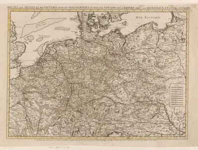 Kaart van Nederland, Duitsland, België en Denemarken waarop de postroutes zijn aangegeven