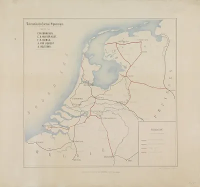 Kaart van Nederland met de bestaande geplande spoorlijnen, 1860