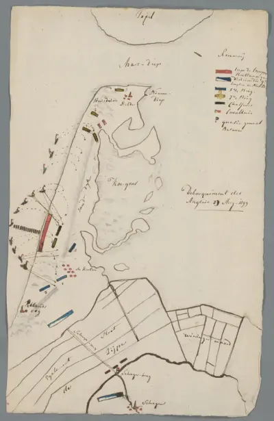 Kaart van Noord-Holland met de landing van de Britten, 1799