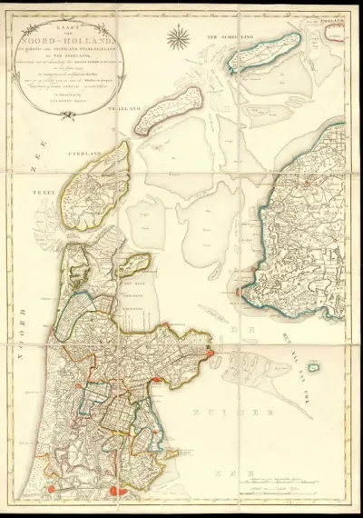 Kaart van Noord-Holland met de landingsplaatsen van de Engelsen en Russen in 1799