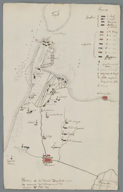 Kaart van Noord-Holland met de positie van de divisie van Daendels op 25 augustus, 1799