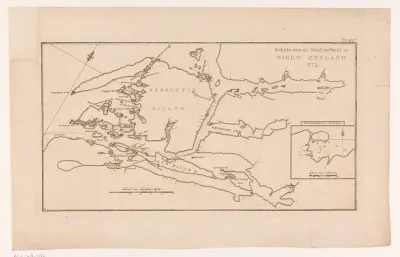 Kaart van Resolution Bay en omliggende eilanden in Nieuw-Zeeland