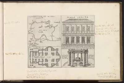 Kaart van Rome, de Heilige Trap, de Sint-Pietersbasiliek en het Baptisterium van Lateranen