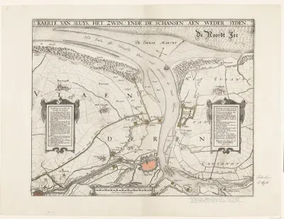 Kaart van Sluis, het Zwin en de schansen aan beide zijden, 1627