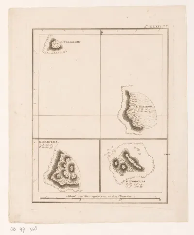 Kaart van vier eilanden in de Grote Oceaan, waaronder Mangaia en Tubuai