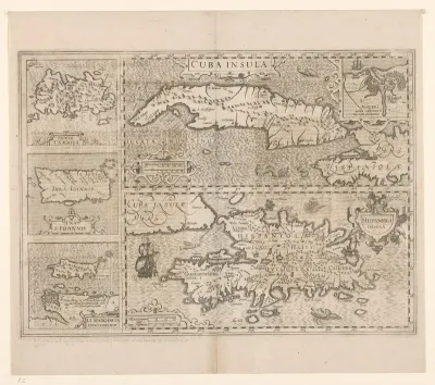 Kaart van vijf Caraibïsche eilanden: Cuba, Haïti, Jamaica, Puerto Rico en St. Margareta