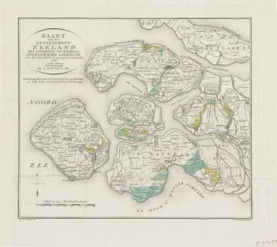 Kaart van Zeeland met de overstroomde gebieden, 1808