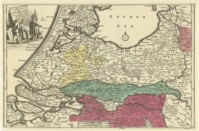 Kaart van Zuid-Holland waarop zijn aangegeven de overstromingen in de jaren 1726 en 1740-1741, met gedrukte verklaring