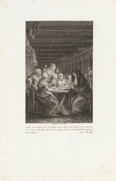 Kaartende vrouwen rond een tafel in klederdracht