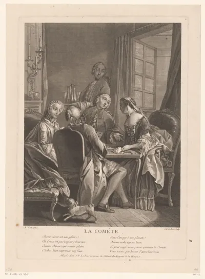 Kaartspelend gezelschap met Lodewijk XV in een salon