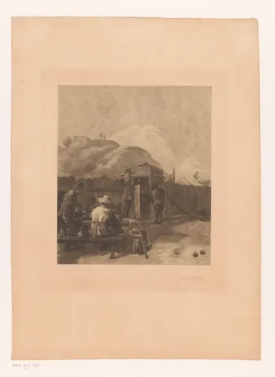 Kaartspelers buiten bij een tafel met heuvel op de achtergrond