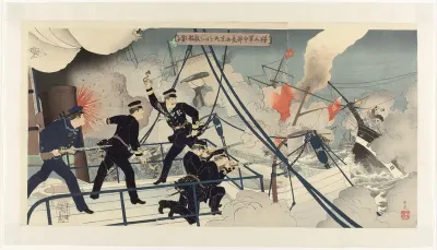 Kabayama, hoofd van het marine commando, valt een vijandig schip aan met de Seikyô Maru