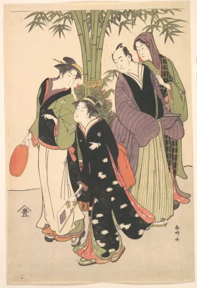 Kabuki Actors Segawa Kikunojō III and Ichikawa Monnosuke II and Two Courtesans Celebrating the New Year