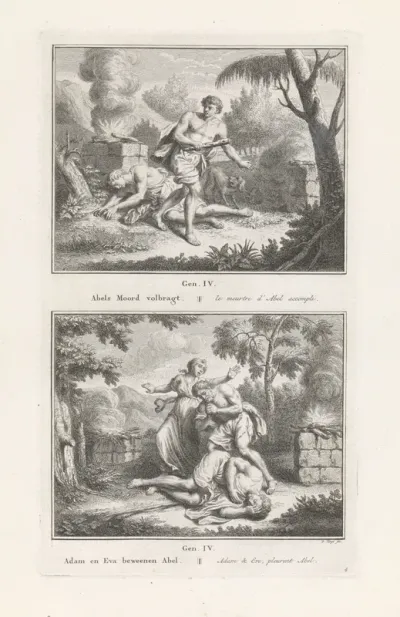 Kaïn vlucht na de moord op Abel / Adam en Eva bewenen Abel