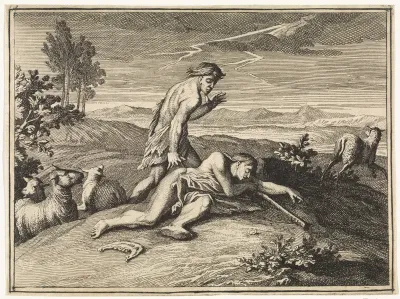 Kaïn vlucht na de moord op Abel