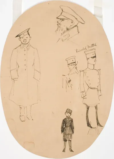Kaiserlich deutsch, sotilashenkilöitä ja pussihousuinen sotilaspoika