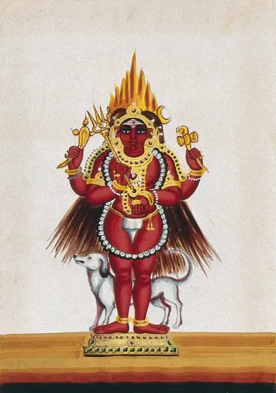 Kala Bhairava wearing a garland of skulls, with his vehicle, the dog behind him
