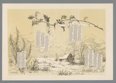 Kalender van 1887 met winterlandschap en hulsttak