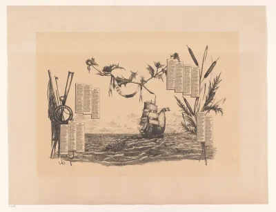 Kalender van 1888 met schip en roeiboot op zee