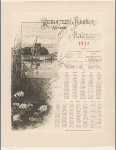 Kalender van drukkerij Roeloffzen & Hübner met molen en waterlelies, 1892