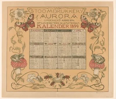 Kalender van het jaar 1899, met bloemen, insecten en kikkers