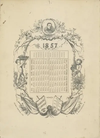 Kalender voor 1857 in een geornamenteerde omlijsting