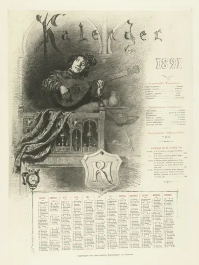 Kalender voor 1891 met vrolijke muzikant