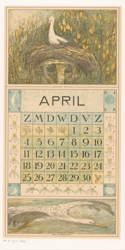 Kalenderblad april met ooievaar op het nest