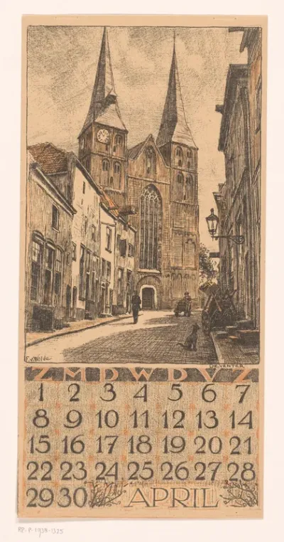 Kalenderblad april met stadsgezicht in Deventer