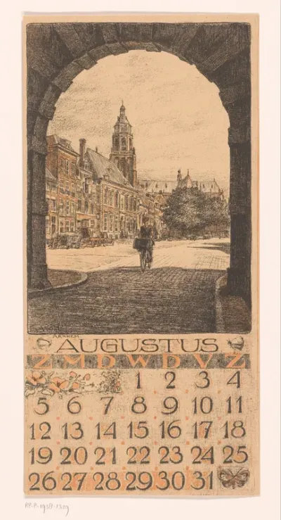 Kalenderblad augustus met stadsgezicht in Arnhem