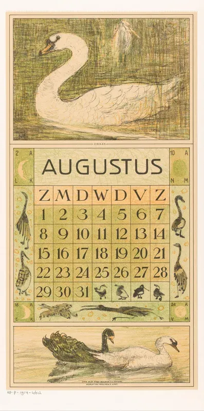 Kalenderblad augustus met zwaan