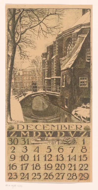 Kalenderblad december met stadsgezicht in Delft