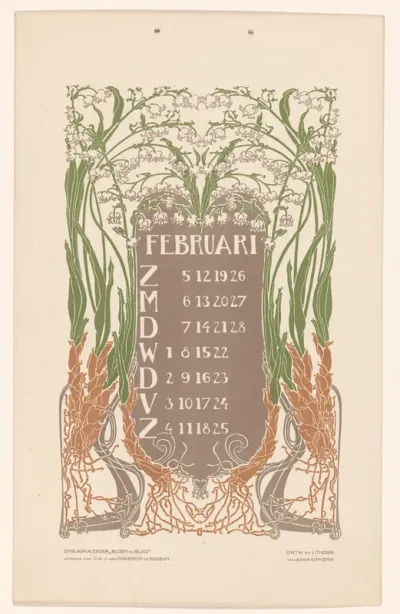 Kalenderblad februari met lelietjes-van-dalen