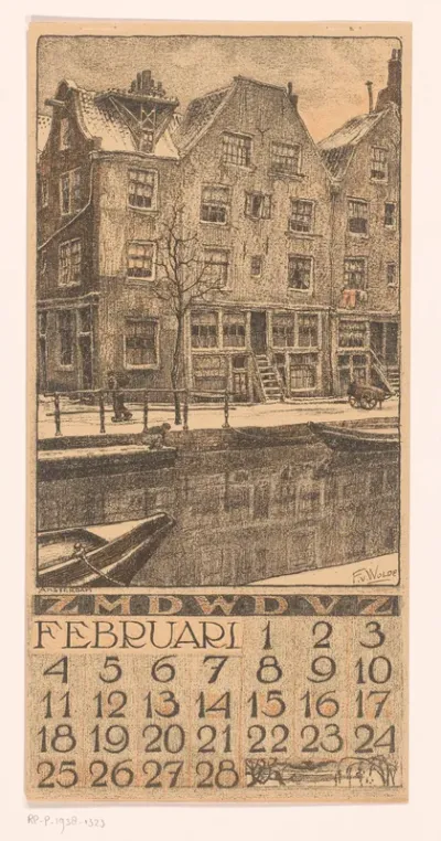 Kalenderblad februari met stadsgezicht in Amsterdam
