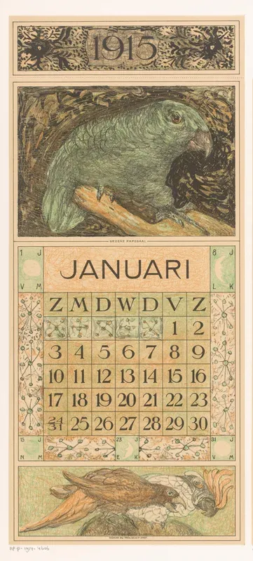 Kalenderblad januari met papegaai