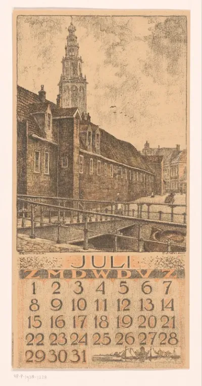 Kalenderblad juli met stadsgezicht in Groningen