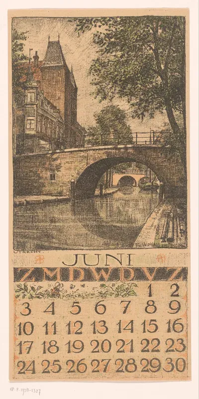 Kalenderblad juni met stadsgezicht in Utrecht