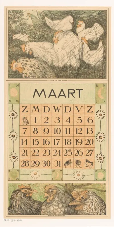 Kalenderblad maart met kippen in de regen