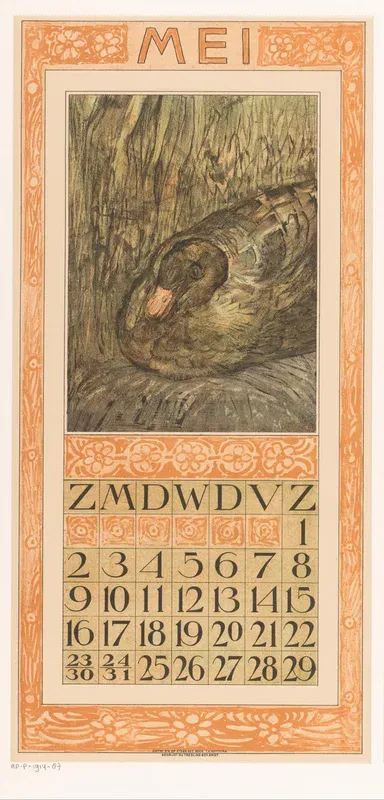 Kalenderblad mei met broedende eend